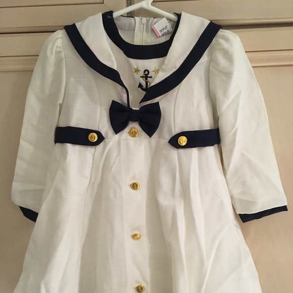 Girl's Nautical 2PC Dress-Off White & Blue- Gold Buttons - Size 4T Worn Once - Picture 1 of 11